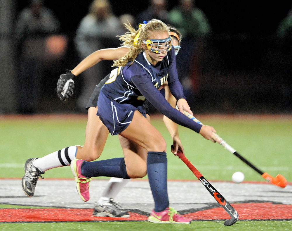 Mt. Blue High School’s Hannah LeClair, front, battles for the ball with Skowhegan’s Rylie Blanchet during an Eastern A semifinal game Tuesday at Thomas College in Waterville.