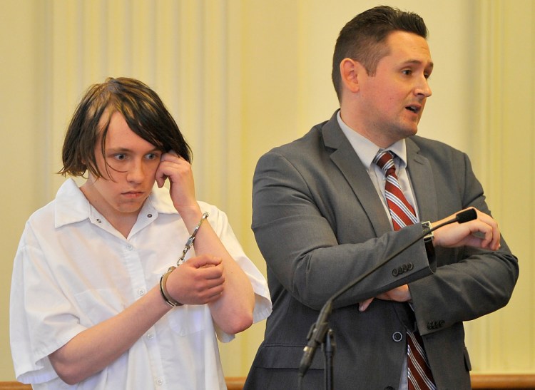 Accused arsonist Dylan Collins appears in York County Superior Court with his attorney , Will Ashe, who entered no plea. Gordon Chibroski / Staff Photographer