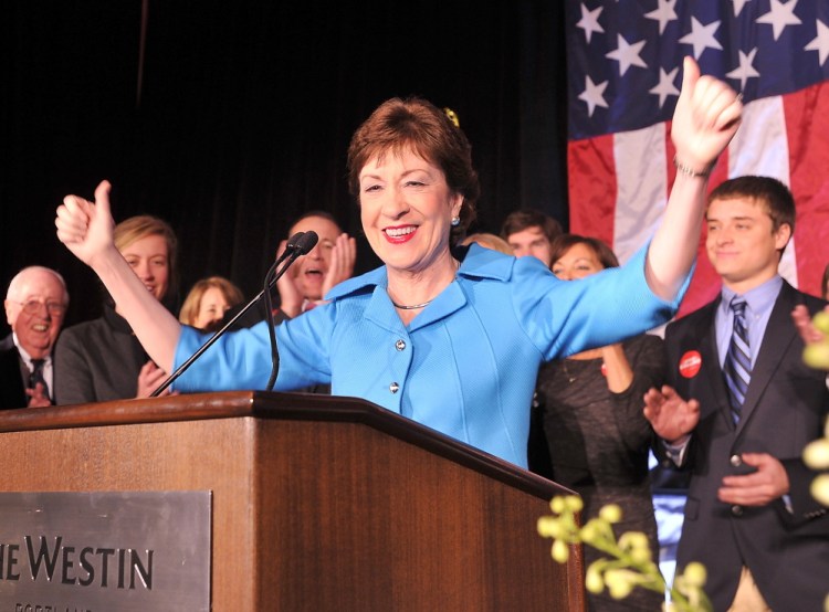 Susan Collins gives her winning speech Tuesday night at the Westin Portland. The incumbent’s campaign emphasized her reputation as a moderate Republican.