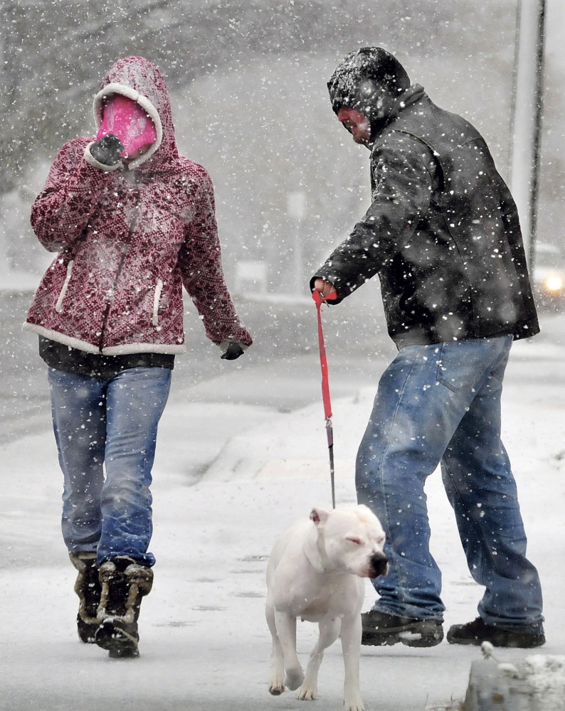 A wind-driven snow hits Lindsey Doyle and Bruce Liberty as they walk their dog Bella in Waterville during the first snowstorm of the season on Sunday.