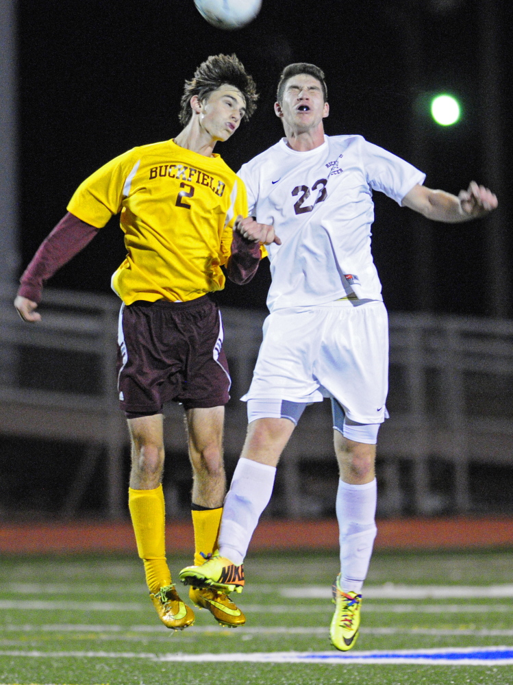 Buckfield’s Jon Randolph, left, and Richmond’s Mike Steward go up for a header during the Western Maine Class D boys soccer final on Wednesday.