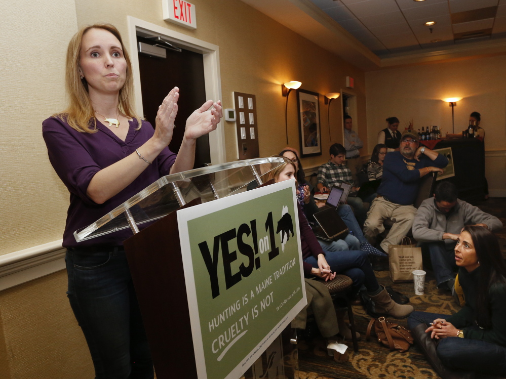 Campaign director Katie Hansberry thanks Yes on 1 supporters at campaign headquarters at the Embassy Suites hotel in Portland.