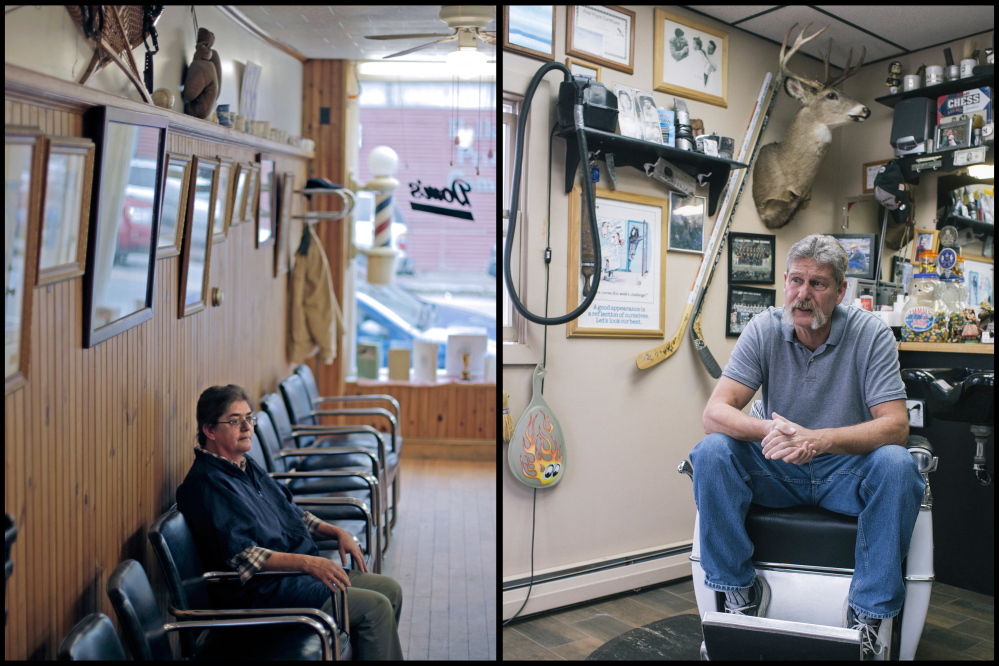 Patti Burnett, owner of Dom’s Barbershop on Water Street in Hallowell, doesn’t talk politics in her shop, but she likes to quote the late former mayor Barry Timson, “who always said, ‘There are no strangers in this town, only friends you haven’t met.’” Burnett said she considers Hallowell to be “like a Norman Rockwell” painting. She sits of Thursday beneath a pair of snowshoes she wore as a child. The city of Hallowell stands out as having the highest percentage of voters in the state who voted for Democrat Mike Michaud in the Nov. 4 gubernatorial election. Michaud lost to incumbent Republican Paul LePage. Ron Miller sits in his barber shop Thursday in Greene, a town which voted heavily for Paul LePage in the gubernatorial election. “With our town, there was no doubt we would vote LePage. What I’ve heard was that people like LePage’s policies, but they don’t like his mouth. Well, this is the way I look at things: Being a barber now, and a U.S. Navy diver for 20 years, I’m not politically correct at all. But the one thing about here is your opinions matter. I like to hear all sides,” Miller said.
