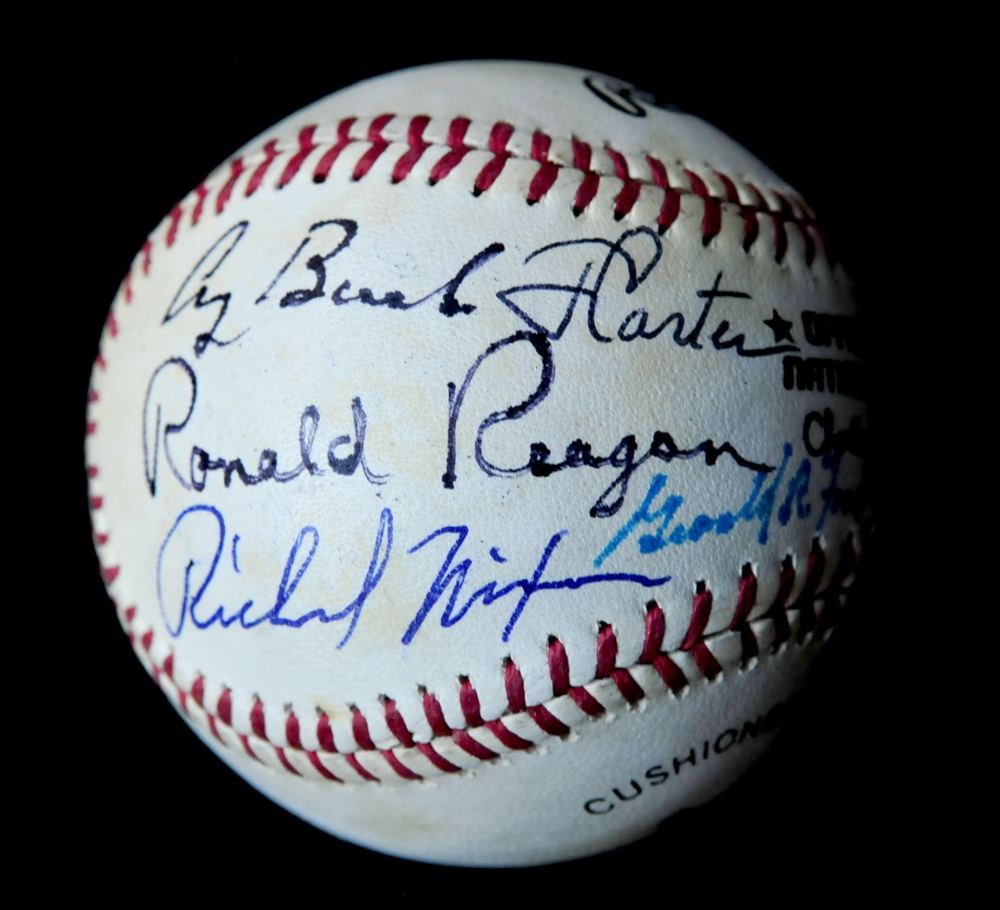 A baseball once owned by Joe DiMaggio and now owned by the Rev. Mark Tanner, of Skowhegan, is signed by seven U.S. presidents, everyone from Richard Nixon through Barack Obama, with the exception of George W. Bush.