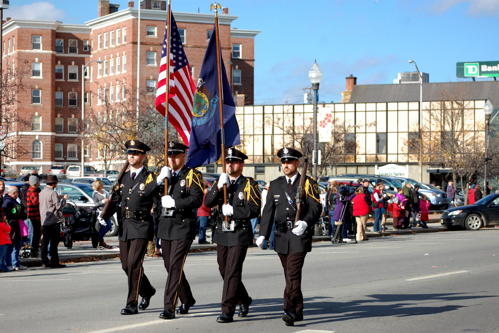 Photo by Heidi Stewart
The Winslow Police Honor Guard marched in the Veterans Day parade. From left are Sgt. Haley Fleming, Ofiicer Brandon Lund, Reserve Officer Charles Theobald and Officer Bradley Hubert.