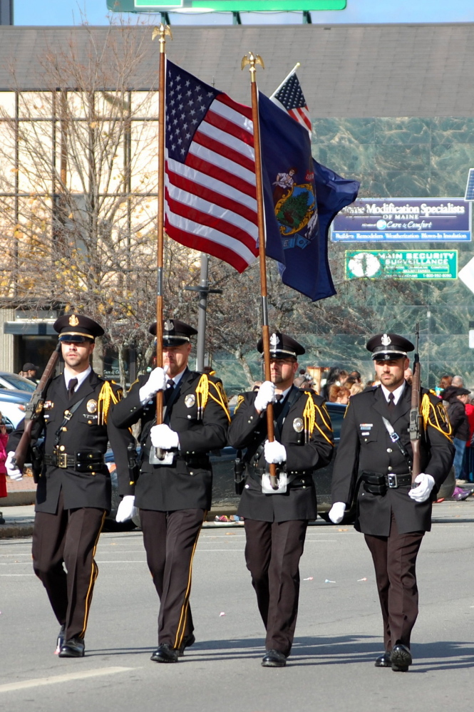 Photo by Heidi Stewart
The Winslow Police Honor Guard marched in the Veterans Day parade. From left are Sgt. Haley Fleming, Ofiicer Brandon Lund, Reserve Officer Charles Theobald and Officer Bradley Hubert.