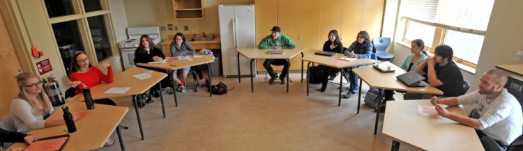 Students in Group Process, a course designed to teach students various counseling techniques, participate in a group discussion Thursday at the University of Maine at Farmington. UMF and the University of Southern Maine are launching a new combined bachelor’s and master’s degree program in counseling starting in the fall of 2015.