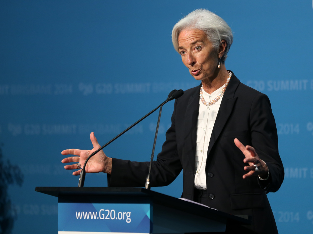 Managing Director of the IMF Madame Christine Lagarde addresses a press conference at the conclusion of the G-20 summit in Brisbane, Australia, on Sunday.