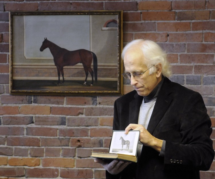 Stephen Thompson said Wednesday that he wanted to buy the George H. Bailey painting that was used as a front plate for a 19th century book about horses to preserve a piece of Maine’s equine history. The 1873 painting by Bailey, depicting a horse named King William, was turned over to Thompson’s non-profit group at a ceremony in Augusta.