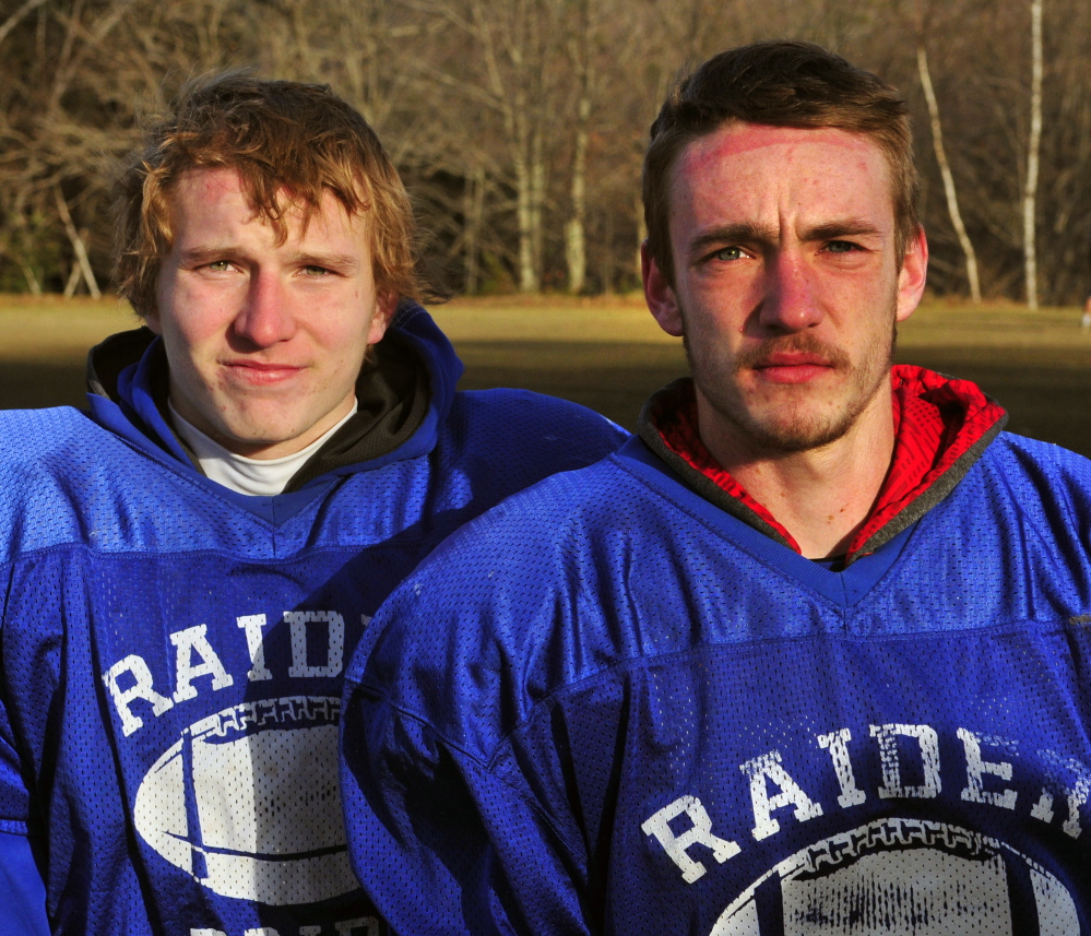 Oak Hill football players Brendon Tervo, left, and Kyle Tervo will try to help the Raiders win the Class D state championship Saturday in Portland. Oak Hill plays Maine Central Institute at 2:36 p.m.