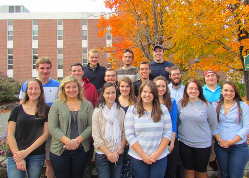 2014 UMF Leadership Summit student participants include, in back, from left: Jeremy Vroom, Nathaniel Libby and Zachary Faulkner. Middle row, from left: Conrad Ward, Sebastien Dumont, Connor Sabia, Kyle Manning, Nicholas Bucci and Tannar Francis. Front row, from left: Louise Villemont, Katherine Beach, Holly Legere, Kimberly Biddlecom, Madeline Boyes, Darrian Church, Jamie Austin and Rachel Schoenberg.