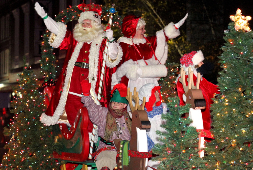 Santa greets the crowds in downtown Waterville during the Parade of Lights parade a few years ago. The annual parade, a traditional start of the countdown to Christmas, begins Friday at 6 p.m.