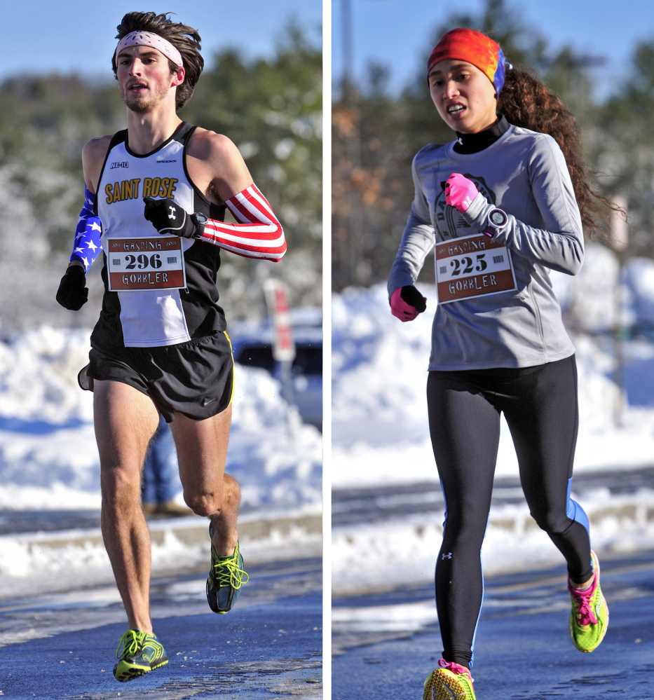 Andrew Reifman-Packett, left, of Harpswell, was the first male finisher and Cecilia Morin, of Waterville was the first female finisher at the Gasping Gobbler 5k race on Thursday at Cony High School in Augusta.