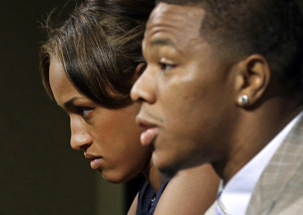 Janay Rice, left, appeared with her husband, Baltimore Ravens running back Ray Rice, at a news conference. Rice’s suspension by the NFL was vacated, the players’ union announced Friday.