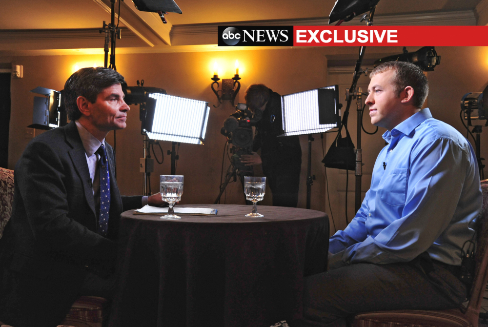 ABC News’ chief anchor George Stephanopoulos, left, interviews police officer Darren Wilson last week. Wilson resigned on Saturday.