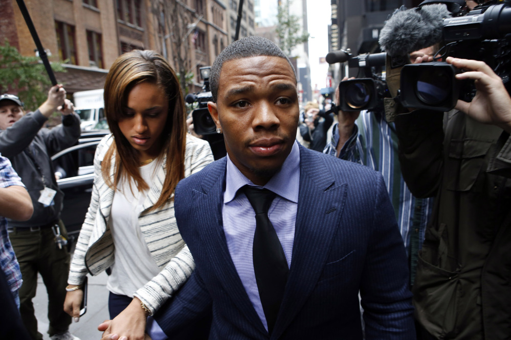In this Nov. 5, 2014, file photo, Ray Rice arrives with his wife Janay Palmer for an appeal hearing of his indefinite suspension from the NFL in New York.