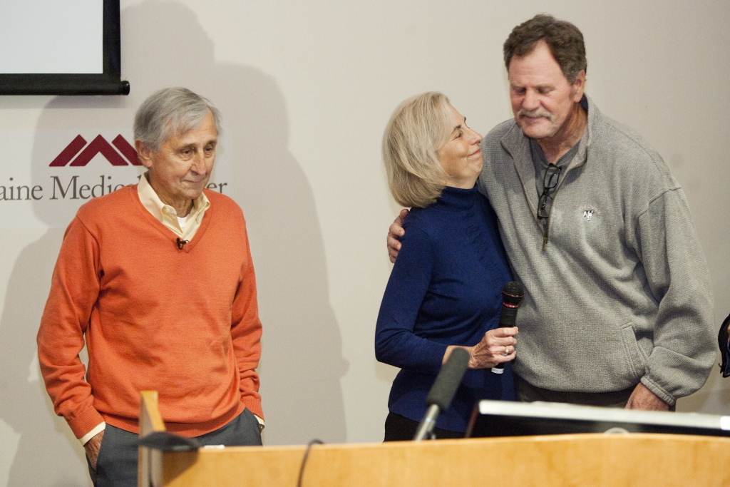 Mary Ann McLaughlin of Scarborough thanks Stan Galvin of Pemaquid for his altruistic donation of a kidney to her husband, James McLaughlin, at left. Mary Ann McLaughlin donated a kidney to another man as part of the Paired Donation Program at Maine Medical Center in Portland. Carl D. Walsh/Staff Photographe