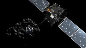 The image released by the European Space Agency ESA on Wednesday, Nov. 12, 2014 shows an artist rendering by the ATG medialab depicting lander Philae separating from Rosetta mother spaceship and descending to the surface of comet 67P/Churyumov-Gerasimenko. European Space Agency said Wednesday that the landing craft separated from Rosetta probe for descent to comet 67P. (AP Photo/ESA, ATG Medialab)