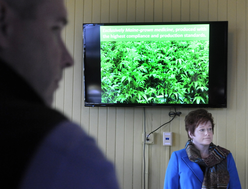 Becky DeKeuster gives a tour Monday of one of the two rooms that was open to visitors at the Wellness Connection of Maine’s new dispensary at the historic train station in Gardiner. DeKeuster is the co-founder of Wellness Connection of Maine.