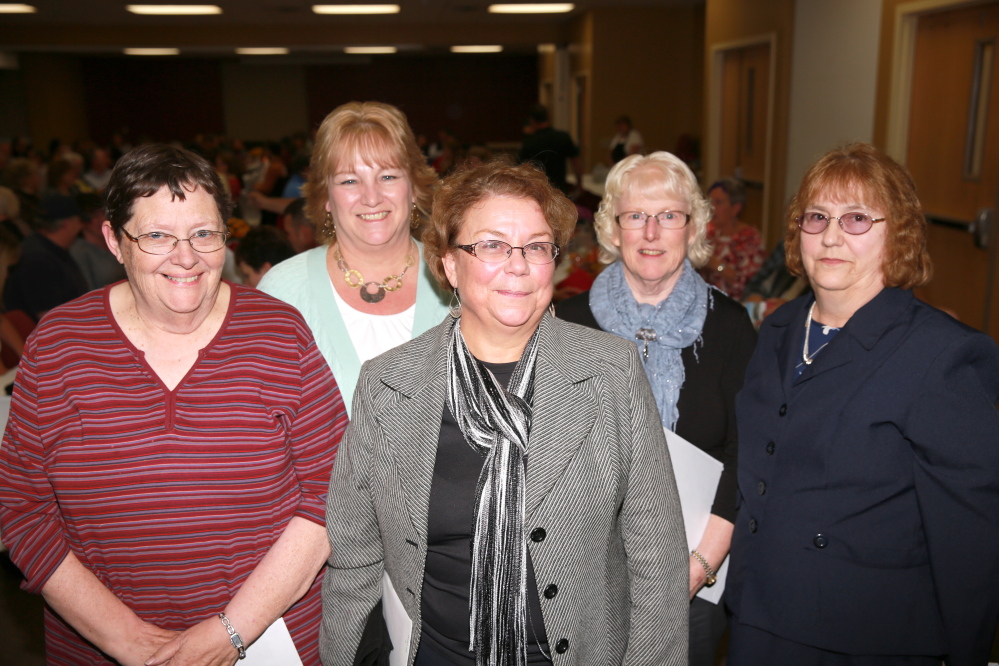 Longtime employees of Franklin Community Health Network recently honored are, from left, Mary O’Donal, Lesa Thompson, Michelle Lucey, Marsha James and Carol James.