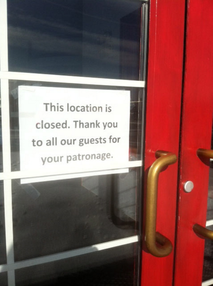 A sign on the door at Friendly’s, 373 Main St. in Waterville. The restaurant closed suddenly this week.