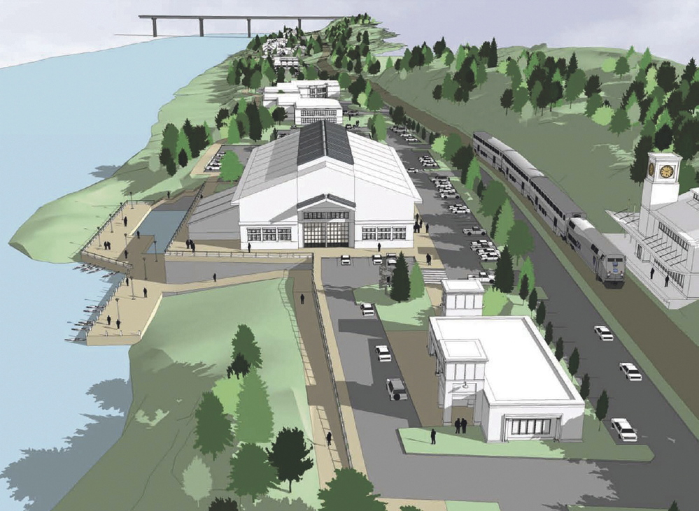 An artist’s rendering shows a redeveloped Statler Tissue site with a proposed passenger train station on the east side of the Kennebec River in Augusta.