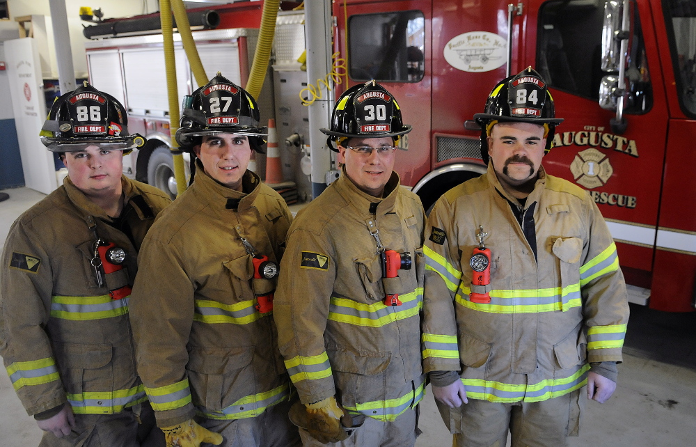 Recently appointed city of Augusta firefighters at Hartford Station on Tuesday, Dec. 2, from left, are Nicky Santy, Brian Michaud, Patrick Underwood and Jeremy Manzer. The medics are scheduled to be sworn in on Dec. 19 after a month-long probationary fire academy period, according to Fire Chief Roger Audette. “The Augusta Fire Department responds to 6,000 emergency calls a year. The training that is required to be able to respond here is tremendous. The city of Augusta has an airport, a major highway, major river and a large demand for EMS that requires our personnel to be fully trained on all phases of the job. I am so impressed by this group of firefighters and the mix of education training and experience that they bring to our department,” Audette said in a statement.