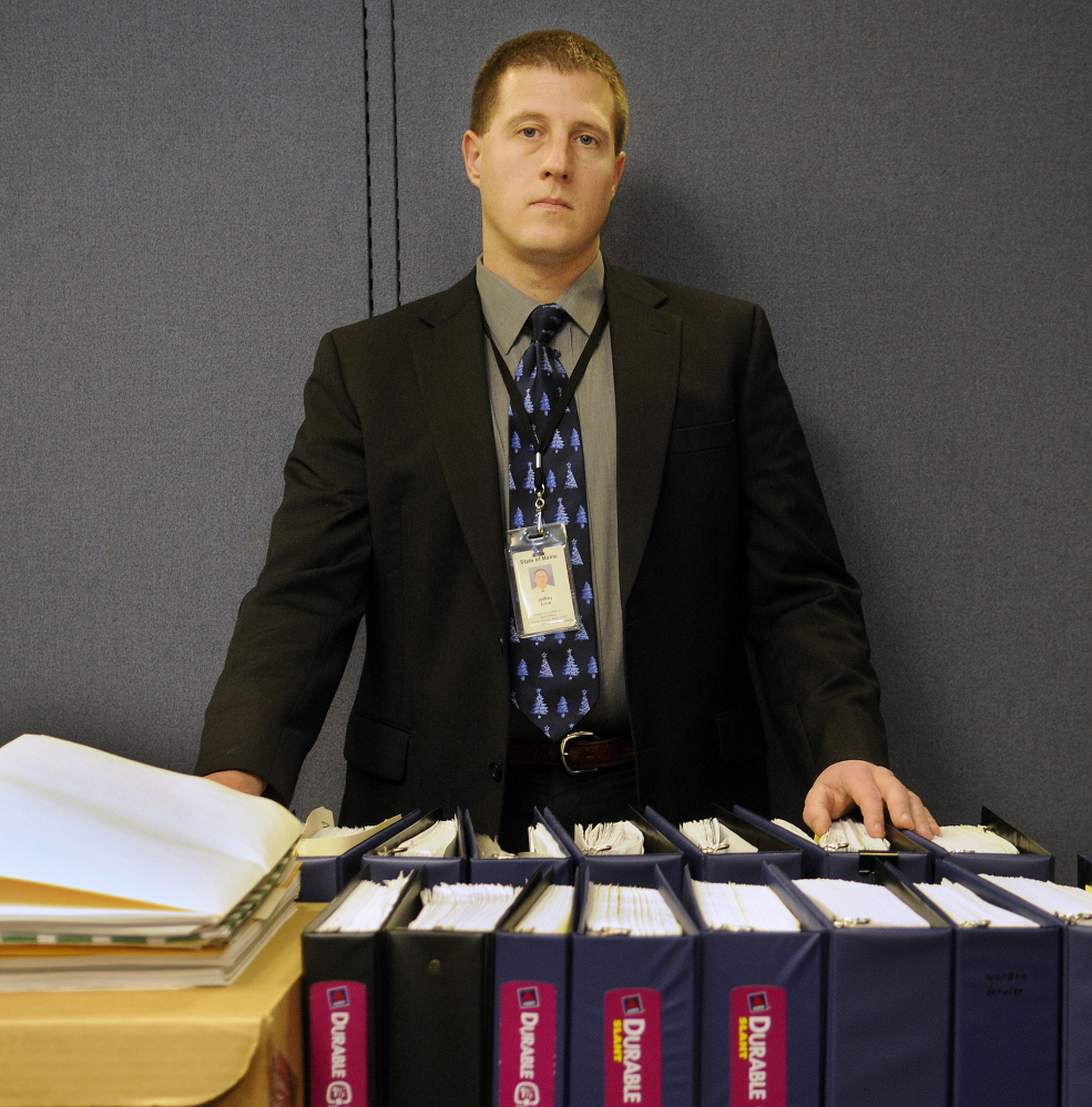 Maine State Police Sgt. Jeff Love, a detective and the lead investigator on the Ayla Reynolds case, seen in his Augusta office with the case files last  week.