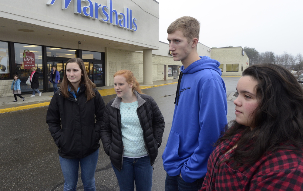 WINDHAM, ME - DECEMBER 16: Windham HS seniors Katelyn Dudley, Emily Algeo, Jackson Gianpino and Avianna Macie give their views as Windham school officials, parents and students react to closure of schools due to a threat. (Photo by John Patriquin/Staff Photographer)