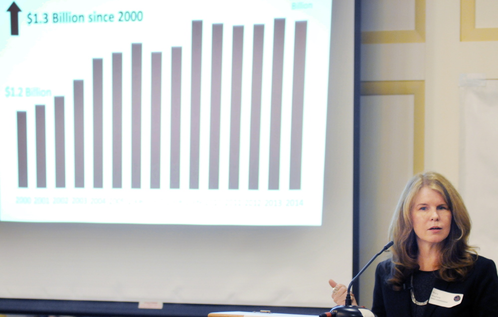 Maine Department of Health and Human Services Commissioner Mary Mayhew speaks Wednesday about state assistance to the poor during a Kennebec Valley Chamber of Commerce breakfast in Augusta.