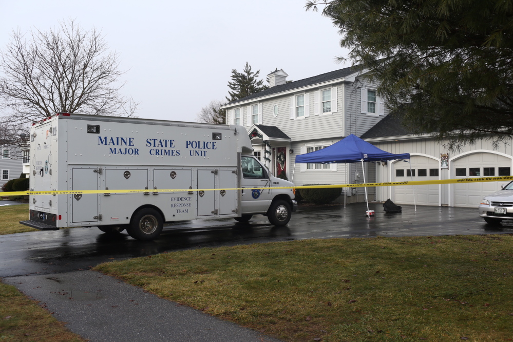 A State Police van on the scene of a home invasion and double shooting in Saco Thursday.