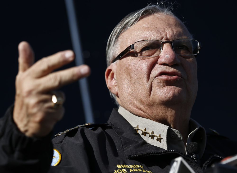 In this Jan. 9, 2013 file photo, Maricopa County, Ariz., Sheriff Joe Arpaio speaks in Phoenix. A gadfly attorney and a county sheriff from Arizona want to halt President Barack Obama’s immigration program in the first courtroom battle over the initiative designed to spare nearly 5 million people from deportation.