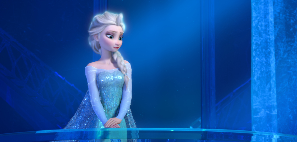 This image provided by Disney shows a teenage Elsa the Snow Queen, voiced by Idina Menzel, in a scene from the animated feature “Frozen.”