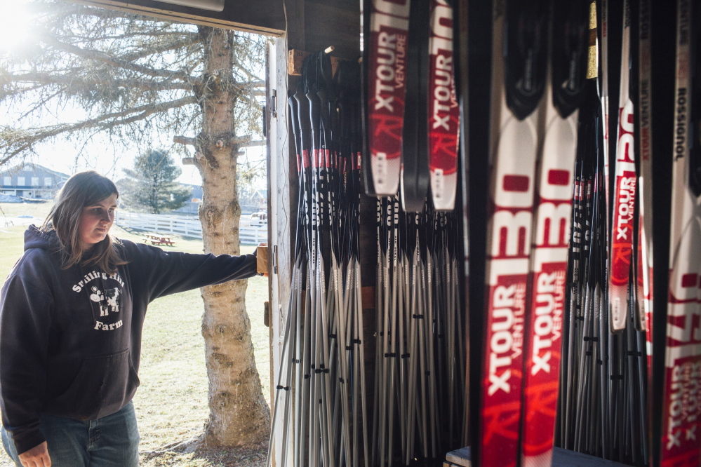 Smiling Hill Farm employee Hillary Knight looks into the rental cross country skis at the Smiling Hill Farm in Westbrook, on Friday. The trails at Smiling Hill have only been open three days so far this season, Knight said.