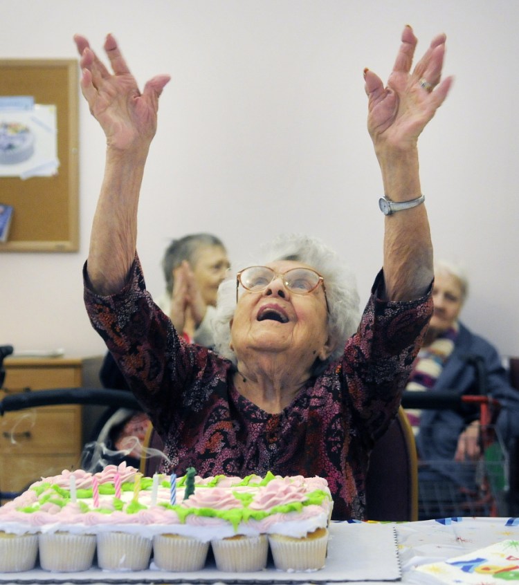 Gertrude Virgin gives thanks Sunday for her family and friends celebrating her 106th birthday in Gardiner. Friends and family celebrated the milestone with cake and cards.