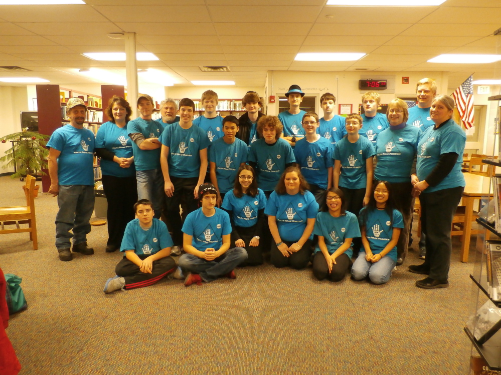 Hall-Dale High School’s REM Delta Prime Robotics team in back, from left, are Rodger Bare, Liz Nitzel, William Seigars, Mike Dunn, Ethan Williams, Joe Rushlau, Nate Stahlnecker, Neil Stottler, Barry Nitzel and Rob Nitzel. Middle row, from left, are John Wallace, Ean Smith, William Fahy, Mackenzie Creamer, Ben Hodgkins, Alice Smith and Karen Giles. In front, from left, are Cam Corbin, Micah Thomas, Anna Schaab, Courtney Rhoten, Ellie Smith and Em Freed.