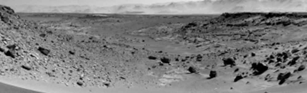 A mosaic of images from the Mars rover camera shows the terrain to the west from the rover’s position on Jan. 30. During the past year, the rover picked up a dramatic tenfold spike in methane gas that lasted several weeks. Reuters
