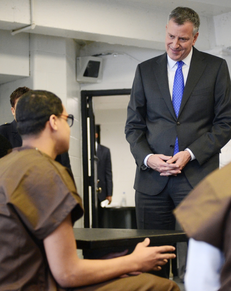 New York City Mayor Bill de Blasio meets with youth offenders at Second Chance Housing on Rikers Island. Susan Watts/The Daily News