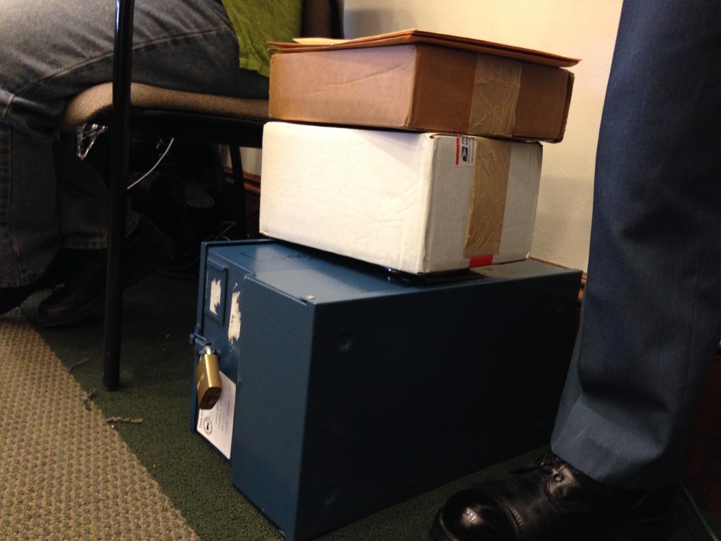 The locked boxes containing the 192 ballots from Long Island. There are 21 ballots that appeared during the recount that were not present on Election Day according to a voter manifest.
