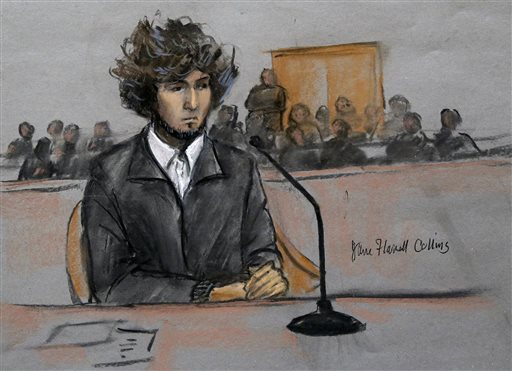 A courtroom sketch of Dzhokhar Tsarnaev, who  appeared for a final hearing before his trial begins in January. Tsarnaev is charged with the April 2013 attack that killed three people and injured more than 260. He could face the death penalty if convicted. the Associated Press