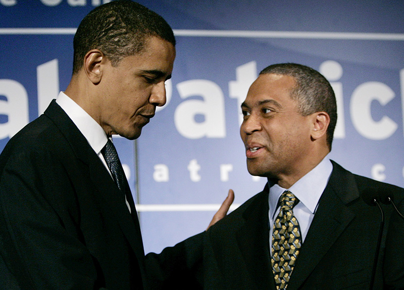 Then-Democratic gubernatorial candidate Deval Patrick shakes hands with then-Sen. Barack Obama, D-Ill., during a news conference prior to a campaign rally in Boston in this June 1, 2006, photo. The Associated Press
