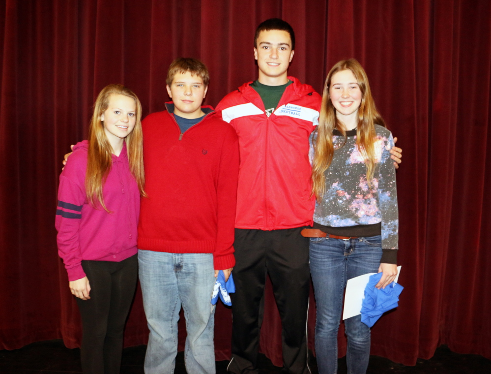 Oakland’s Messalonskee High School recently announced its December students of the month, they are, from left, Megan Charrier, sophomore; Owen Corrigan, freshman; Jack Bernatchez, junior; and Jill Twist senior. These students were chosen for their academic improvement/excellence and their contribution to the Messalonskee school community. The students were nominated by MHS faculty members and chosen by the school’s Culture Committee and Leadership Team. The students will receive preferential parking at the school as well as a variety of items donated by local businesses that support Messalonskee’s goal of honoring excellence in the school.