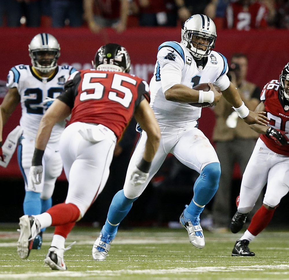 Carolina Panthers quarterback Cam Newton (1) runs out of the pocket as Atlanta Falcons inside linebacker Paul Worrilow (55) looks on during the first half last week in Atlanta. The Panthers play the Arizona Cardinals in the NFC wild-card round on Saturday in Charlotte, N.C.