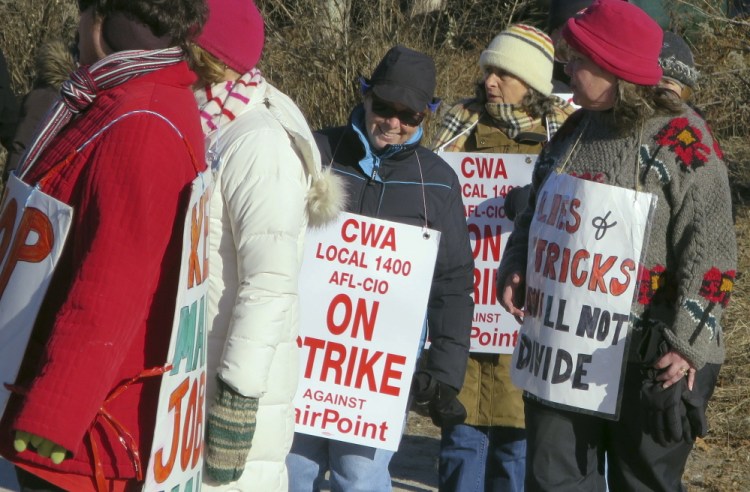 New talks between FairPoint Communities and striking telephone workers were scheduled for Sunday with a federal mediator in Washington, D.C. Union members, such as those shown here who walked a picket line in Portland last week, have been on strike for three months.