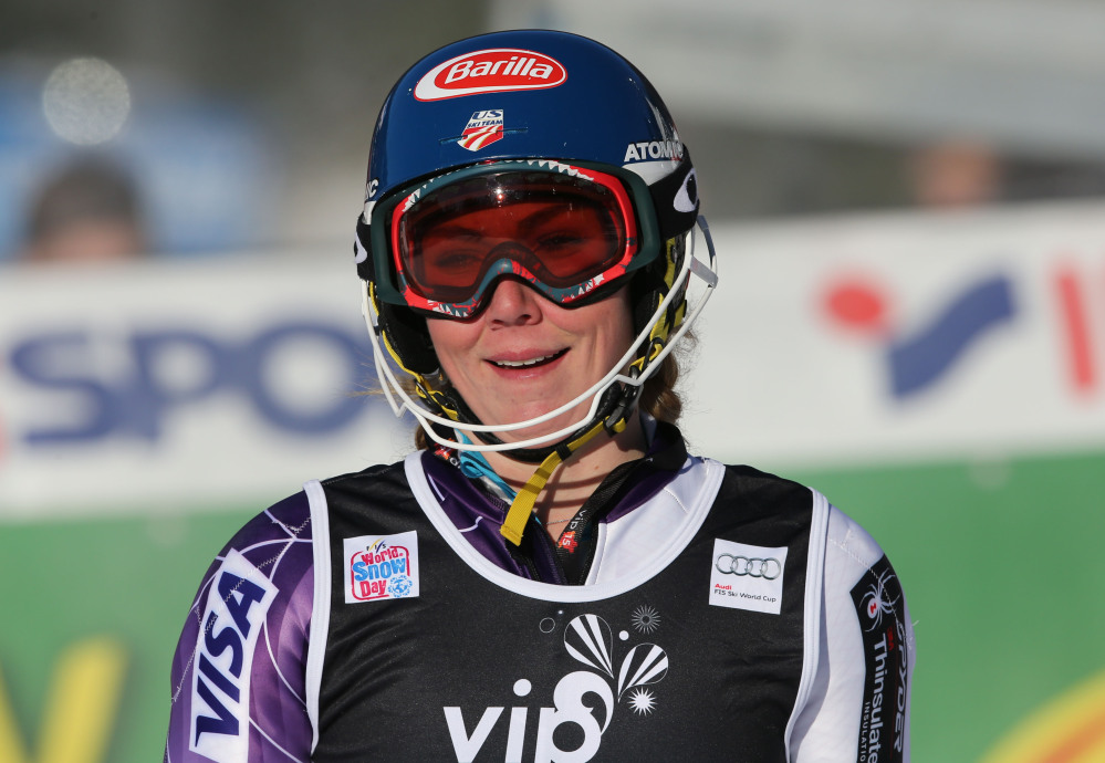 Mikaela Shiffrin of the United States smiles in the finish area after winning the World Cup slalom race in Sljeme, Zagreb, Croatia, on Sunday.