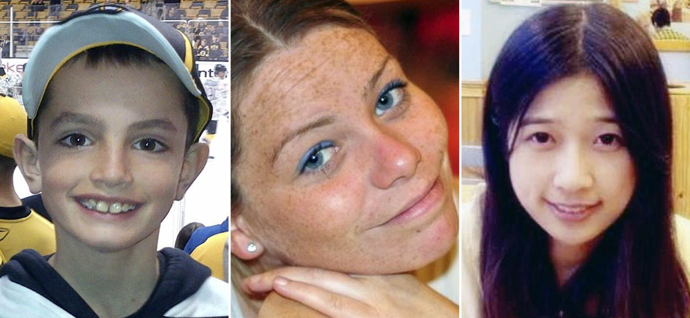 FILE - This combination of undated family photos shows, from left, Martin Richard, 8, Krystle Campbell, 29, and Lu Lingzi, a Boston University graduate student from China, all who were killed in the bombings near the finish line of the Boston Marathon on April 15, 2013, in Boston. Jury selection for the trial of bombing suspect Dzhokhar Tsarnaev is scheduled to begin Monday, Jan. 5, 2015, in federal court in Boston. (AP Photo/File)