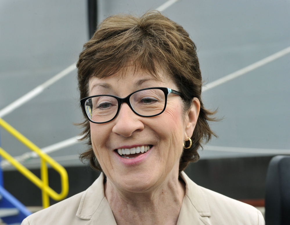 U.S. Sen. Susan Collins answers questions after a tour of the USS Zumwalt at BIW. Collins is the chairwoman of the transportation subcommittee of the Senate Appropriations Committee.