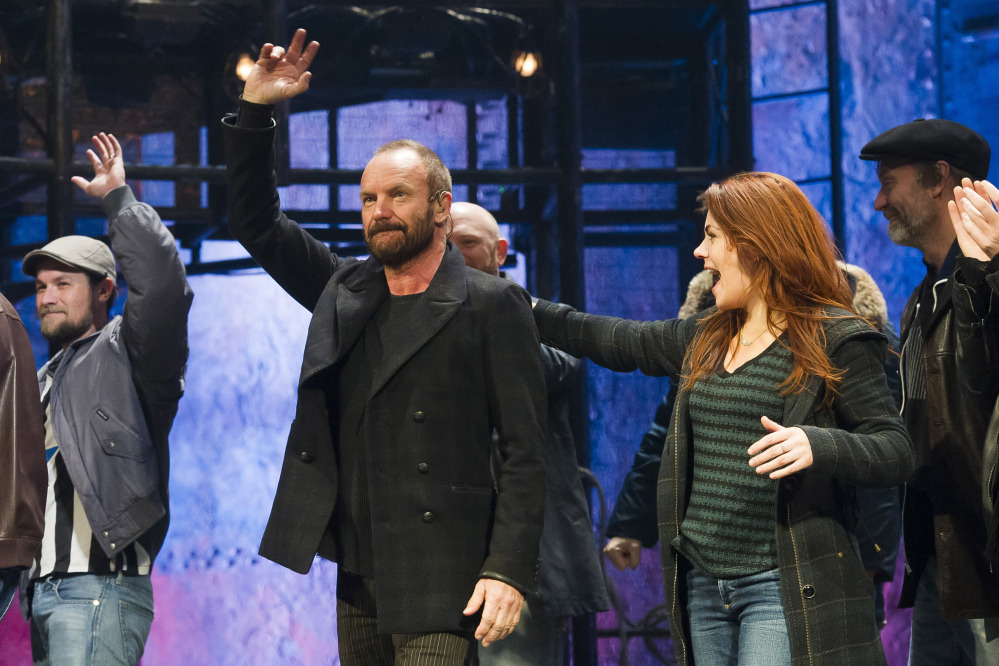 In this Tuesday, Dec. 9, 2014, file photo, Sting appears at the curtain call following his debut performance in Broadway’s “The Last Ship,” in New York.