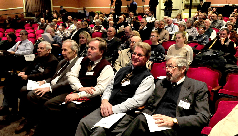 City residents filled the Waterville Opera House for the inauguration of City of Waterville officials on Tuesday. In front row from left are former Waterville mayors including Paul Laverdiere, Albert Bernier, David Bernier, Dana Sennett and Donald  Marden.