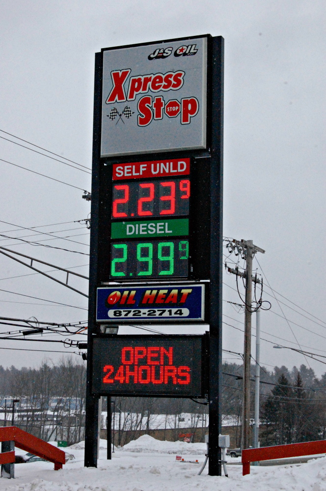 J&S Express Stop on Kennedy Memorial Drive in Waterville was selling regular unleaded gasoline for $2.23 per gallon on Friday. That’s down 46 percent from the statewide average record high in July 2008, according to data from the American Automobile Association.
